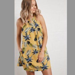 Love Riche Yellow Blue Pineapple Palm Tree Summer Halter Mini Dress
